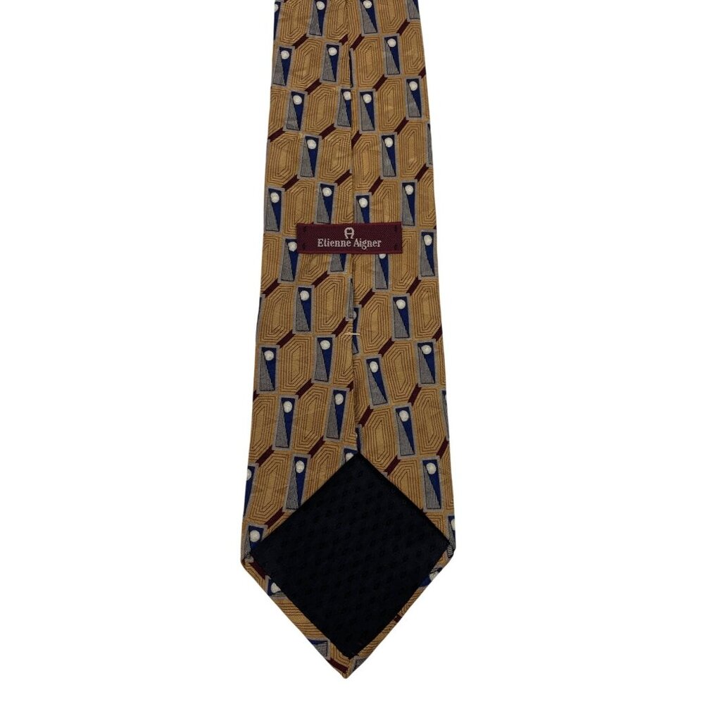 Etienne Aigner Brown Red Blue Geometric Print 100% Silk Mens Tie Necktie - Picture 3 of 5